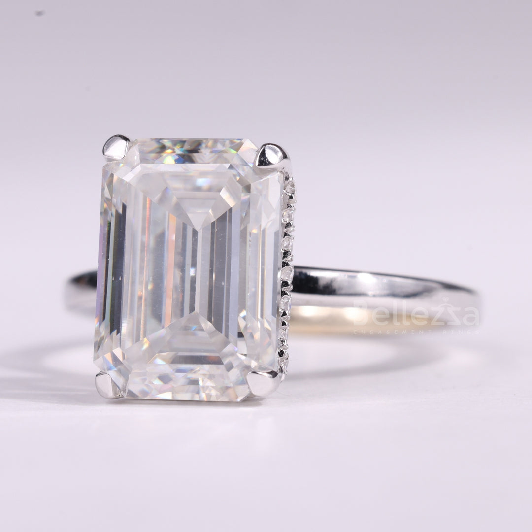 1.50CT Emerald Cut Hidden Halo Moissanite Engagement Ring