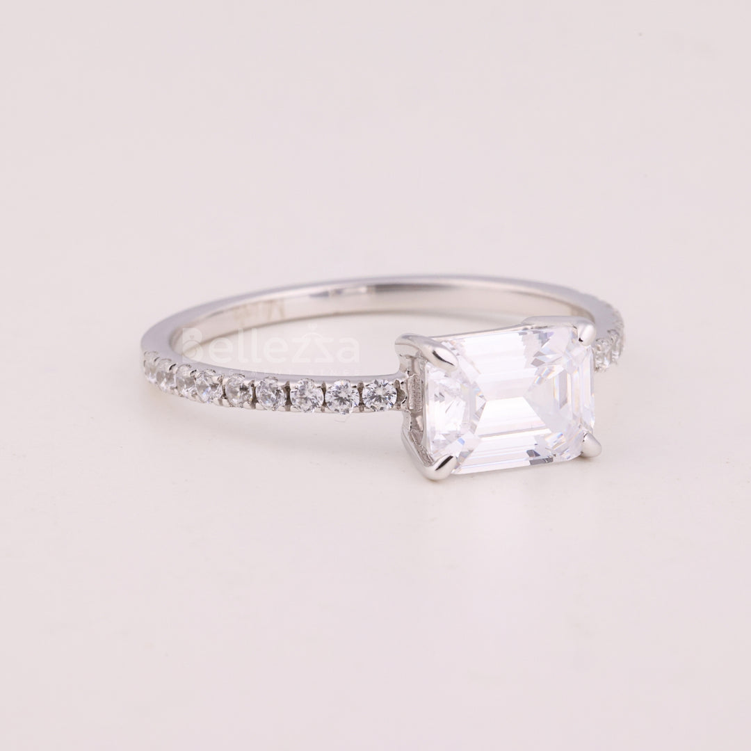 1.0CT East-West Emerald Cut Pave Setting Moissanite Engagement Ring