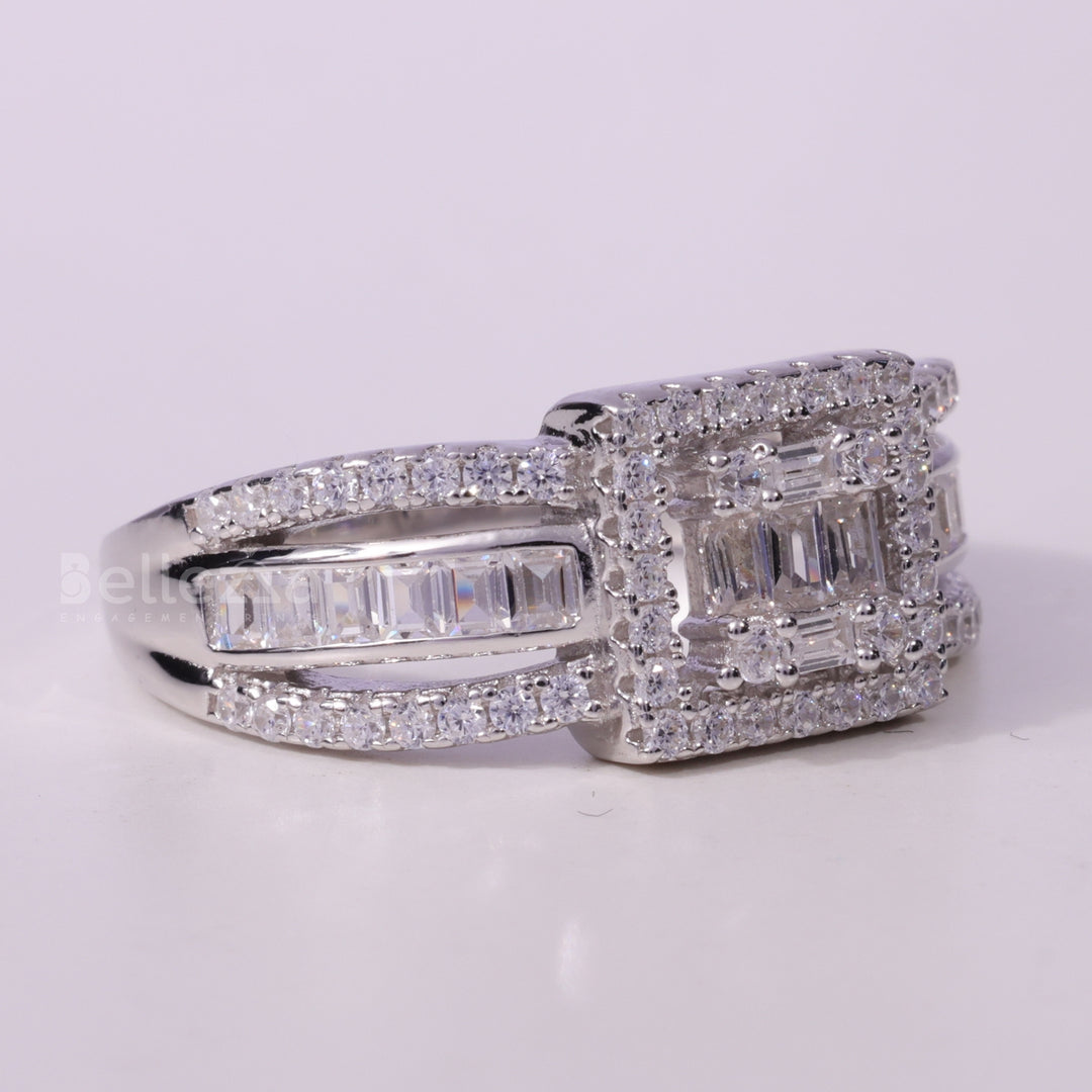 Round & Baguette cut Cluster Diamond Moisssanite Engagement Ring