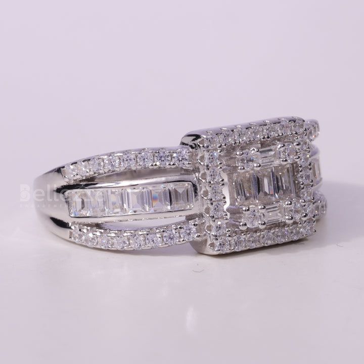 Round & Baguette cut Cluster Diamond Moisssanite Engagement Ring