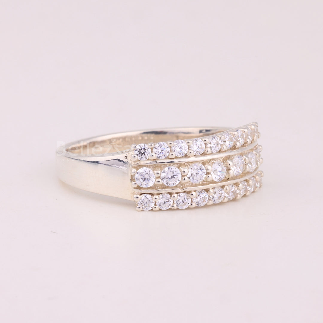 Round Cut Three Row Pave Setting Moissanite Engagement Ring