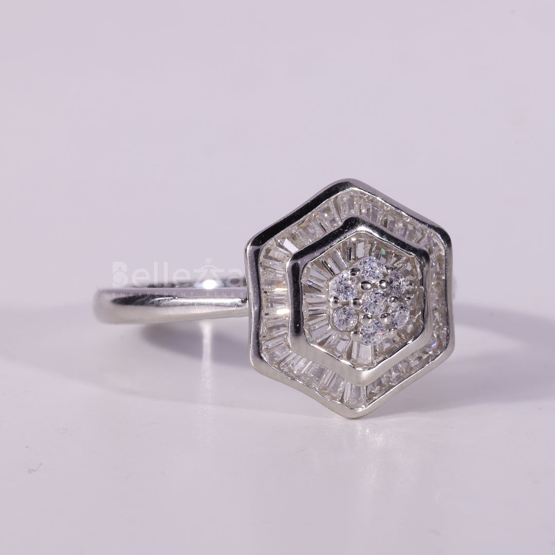 Round & Baguette Cut Cluster Diamond Moissanite Engagement Ring