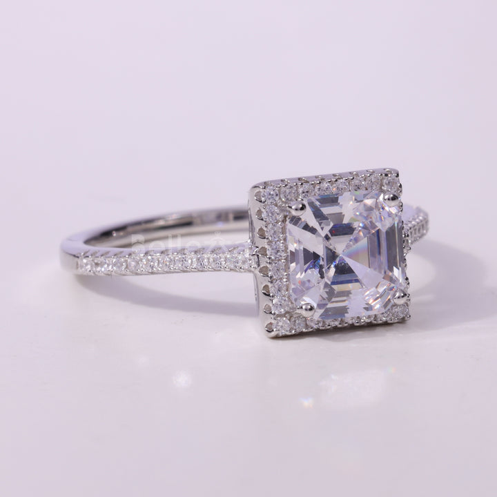 1.0CT Asscher Cut Diamond Halo Pave Setting Moissanite Engagement Ring