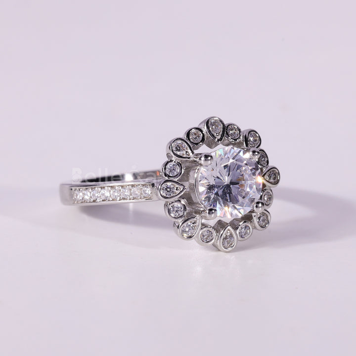 1.0CT Round Cut Unique Cluster Bezel Setting Engagement Ring