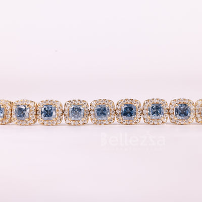 Cushion Cut Blue Sapphire Gemstone Halo Set Moissanite Bracelet