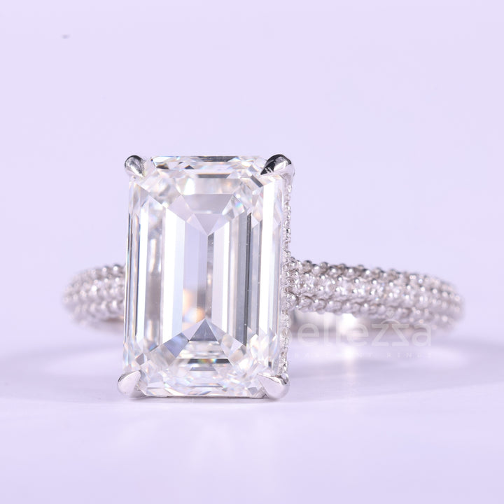 4.0CT Emerald Cut Three Side Pave Setting Moissanite Engagement Ring