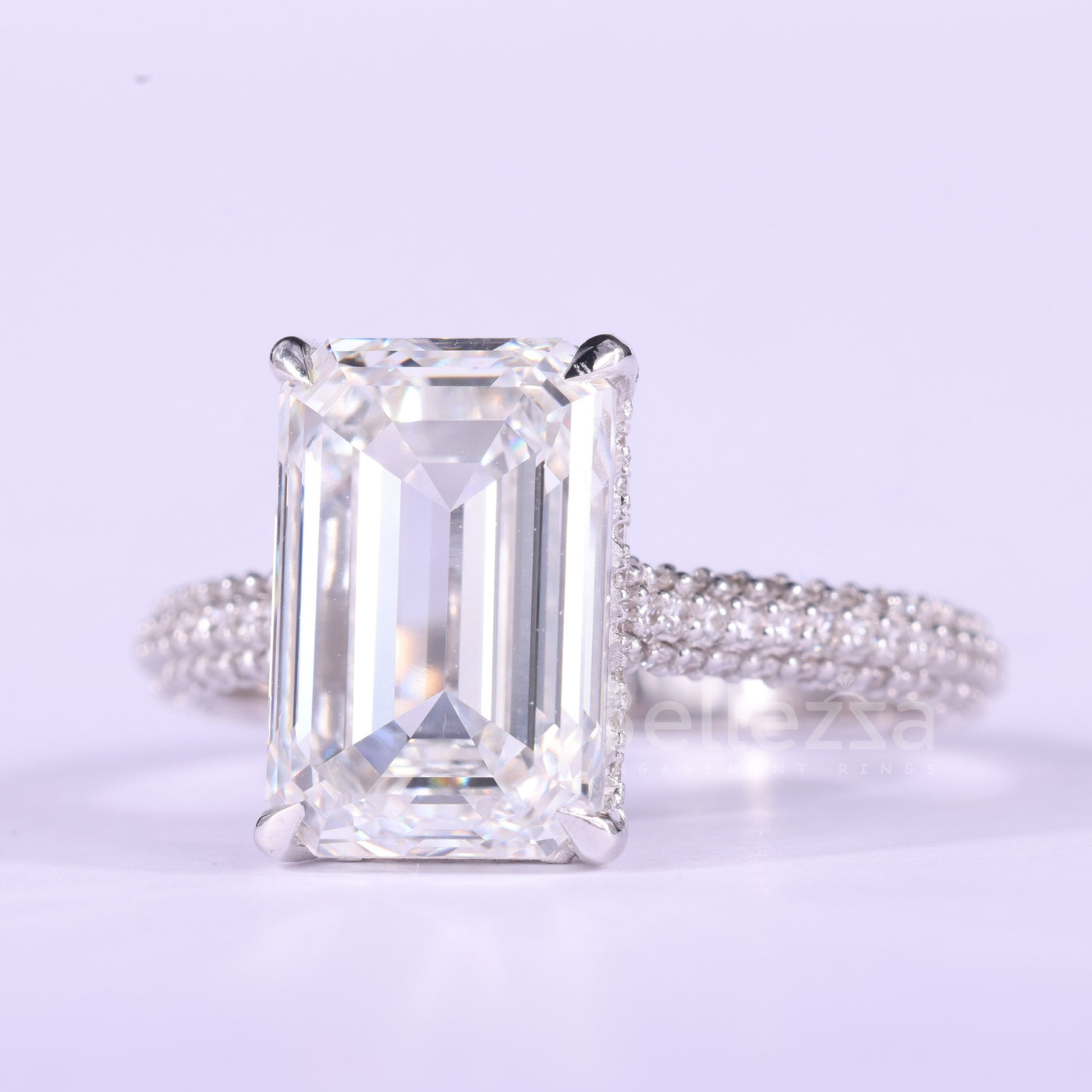 4.0CT Emerald Cut Three Side Pave Setting Moissanite Engagement Ring