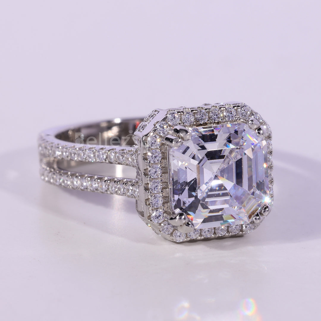 1.50CT Asscher Cut Halo Moissanite Engagement Ring