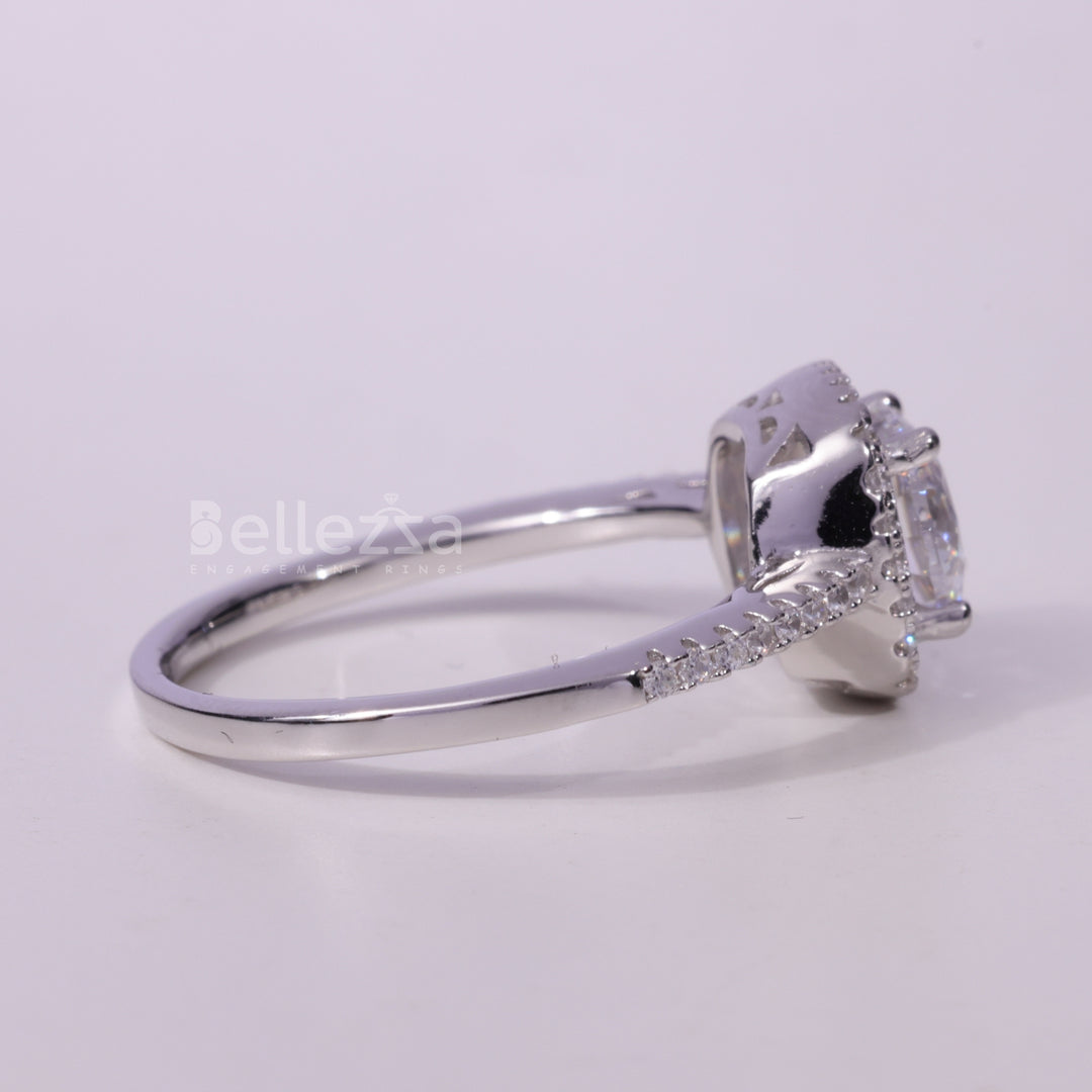 1.0CT Round Cut Halo Pave Setting Moissanite Engagement Ring