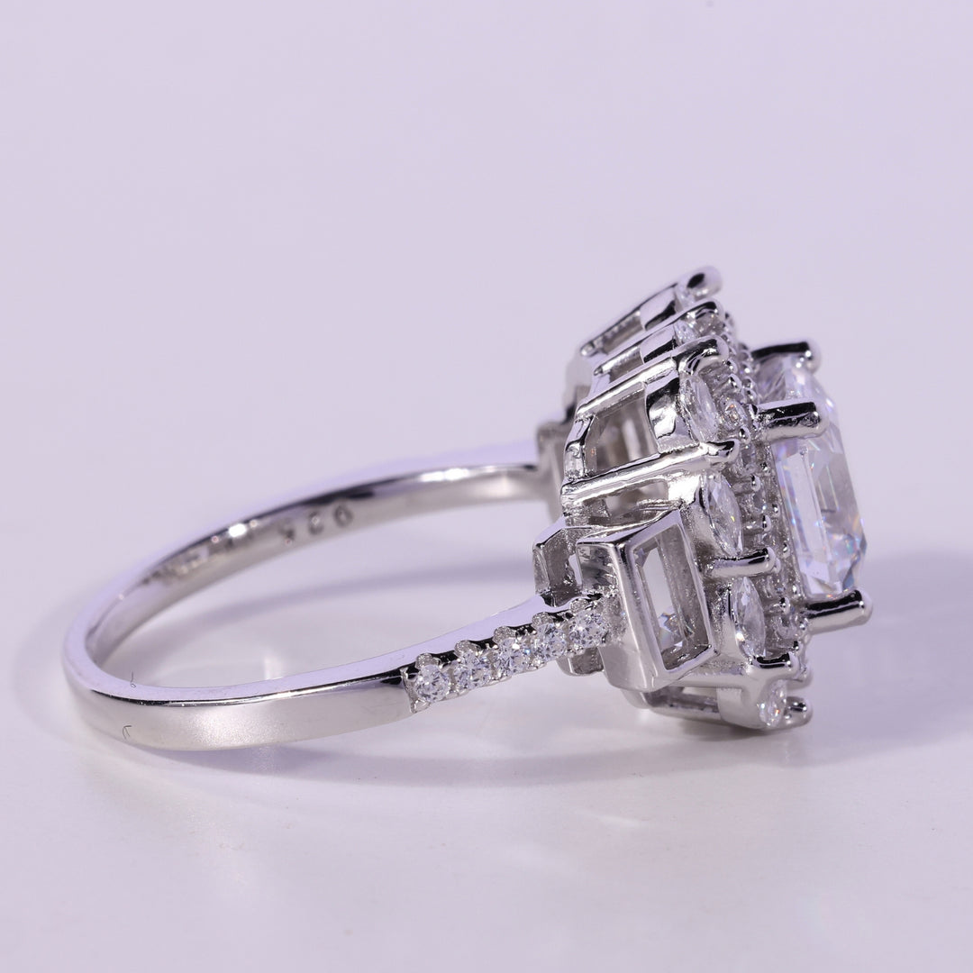 1.0CT Asscher Cut Cluster Diamond Moissanite Engagement Ring