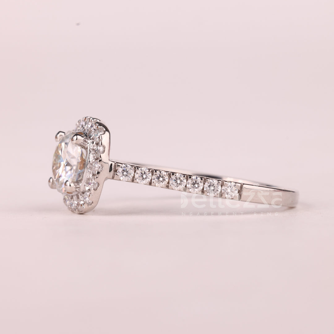 1.0CT Round Cut Halo Pave Setting Moissanite Engagement Ring