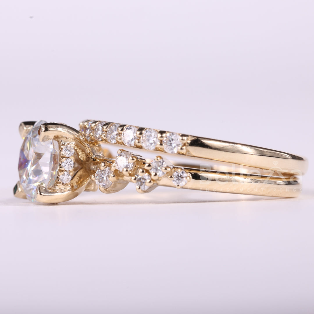 1.0CT Round Cut Cluster Diamond Moissanite Engagement Ring Set