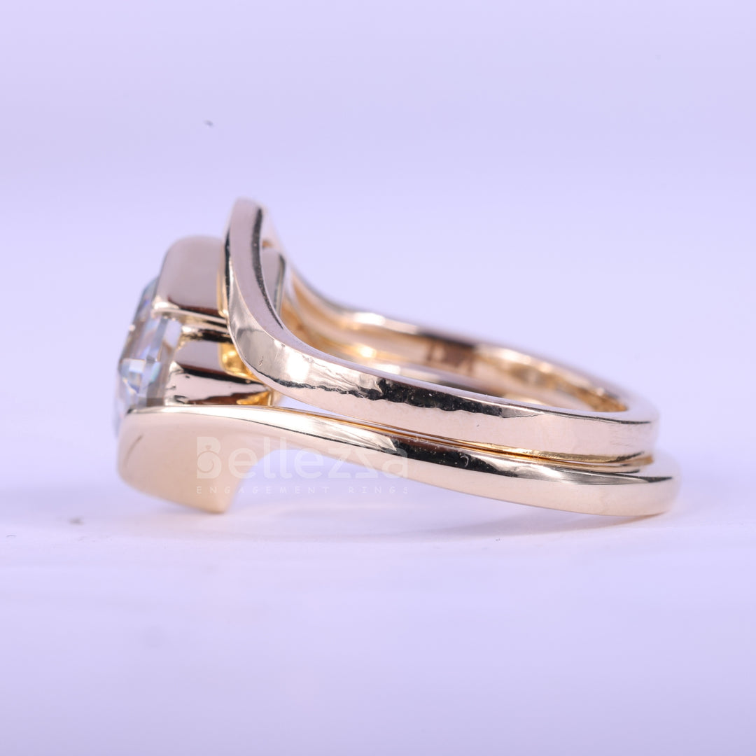 1.50CT Asscher Cut Unique Bezel Setting Moissanite Bridal Ring Set