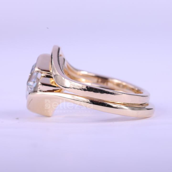 1.50CT Asscher Cut Unique Bezel Setting Moissanite Bridal Ring Set