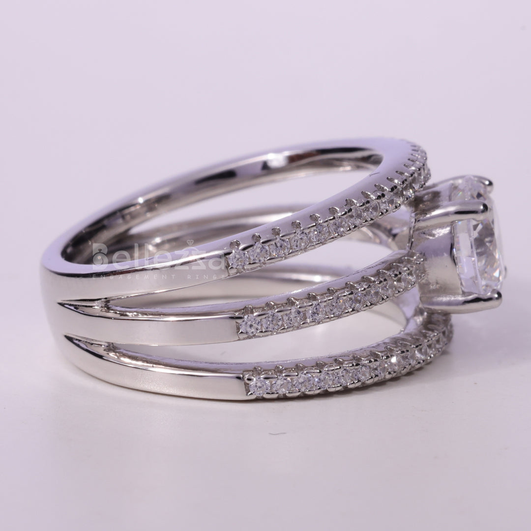 1.0CT Round Cut Unique Two Row Pave Setting Engagement Ring