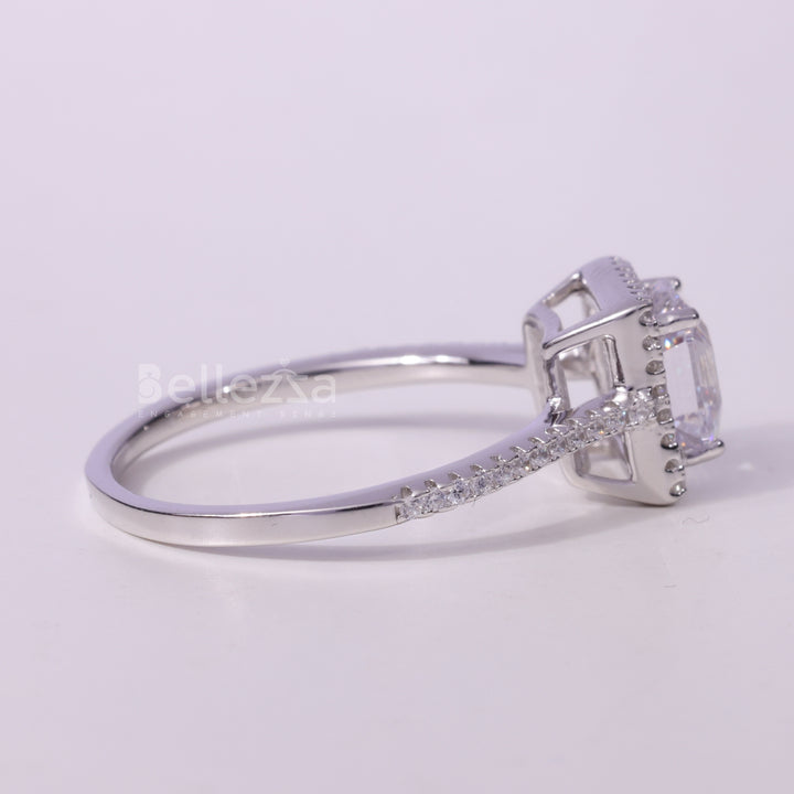 1.0CT Asscher Cut Diamond Halo Pave Setting Moissanite Engagement Ring