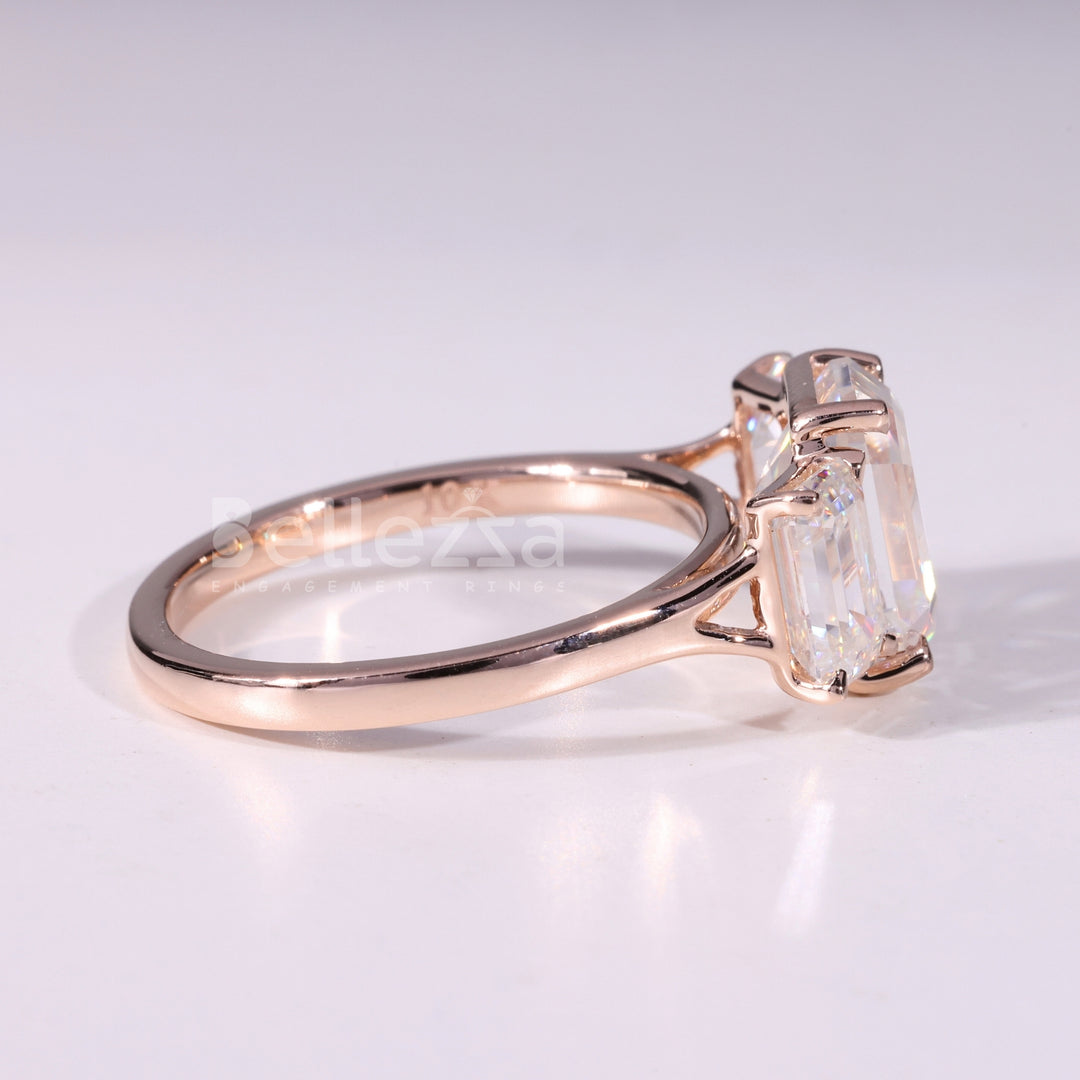 1.0CT Emerald Cut Three Stone Moissanite Engagement Ring