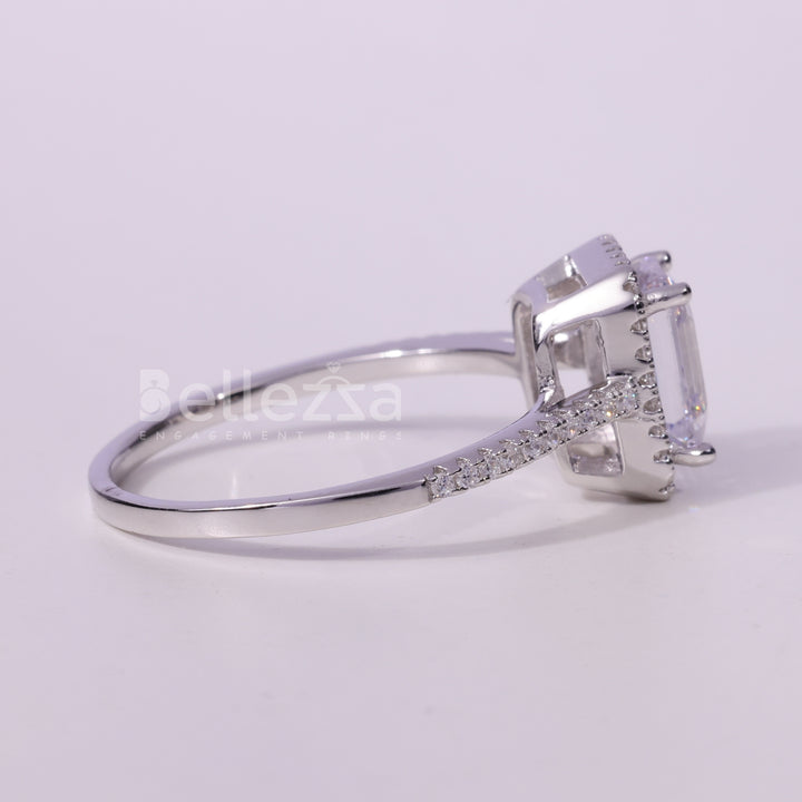 1.0CT Emerald Cut Halo Setting Moissanite Engagement Ring