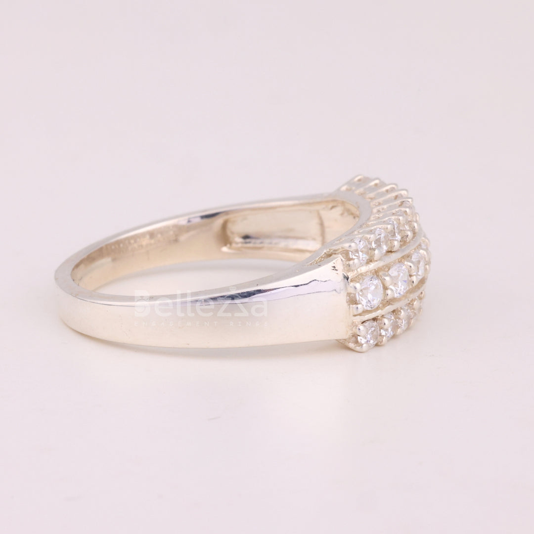 Round Cut Three Row Pave Setting Moissanite Engagement Ring