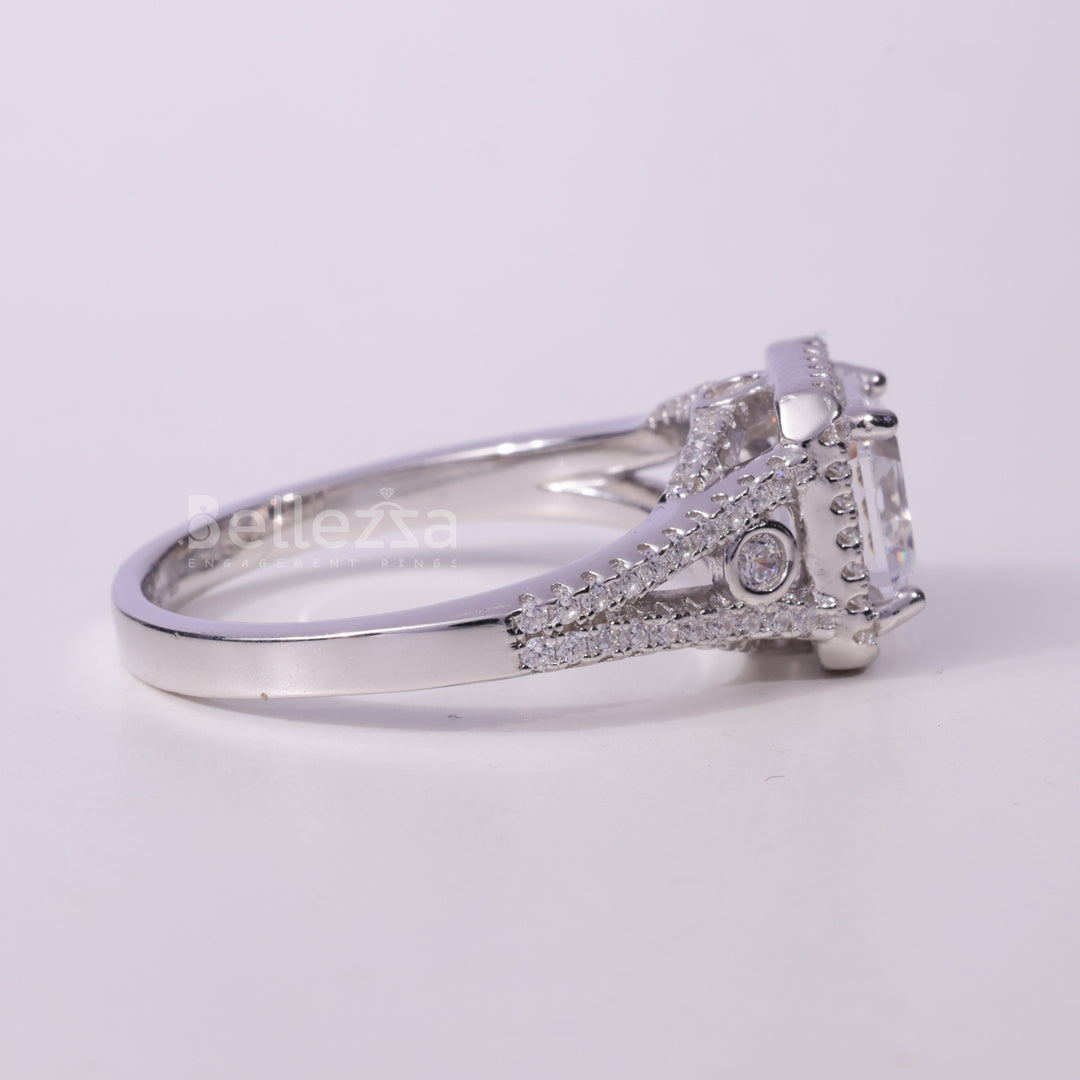 1.50CT Asscher Cut Cluster Diamond Moissanite Engagement Ring