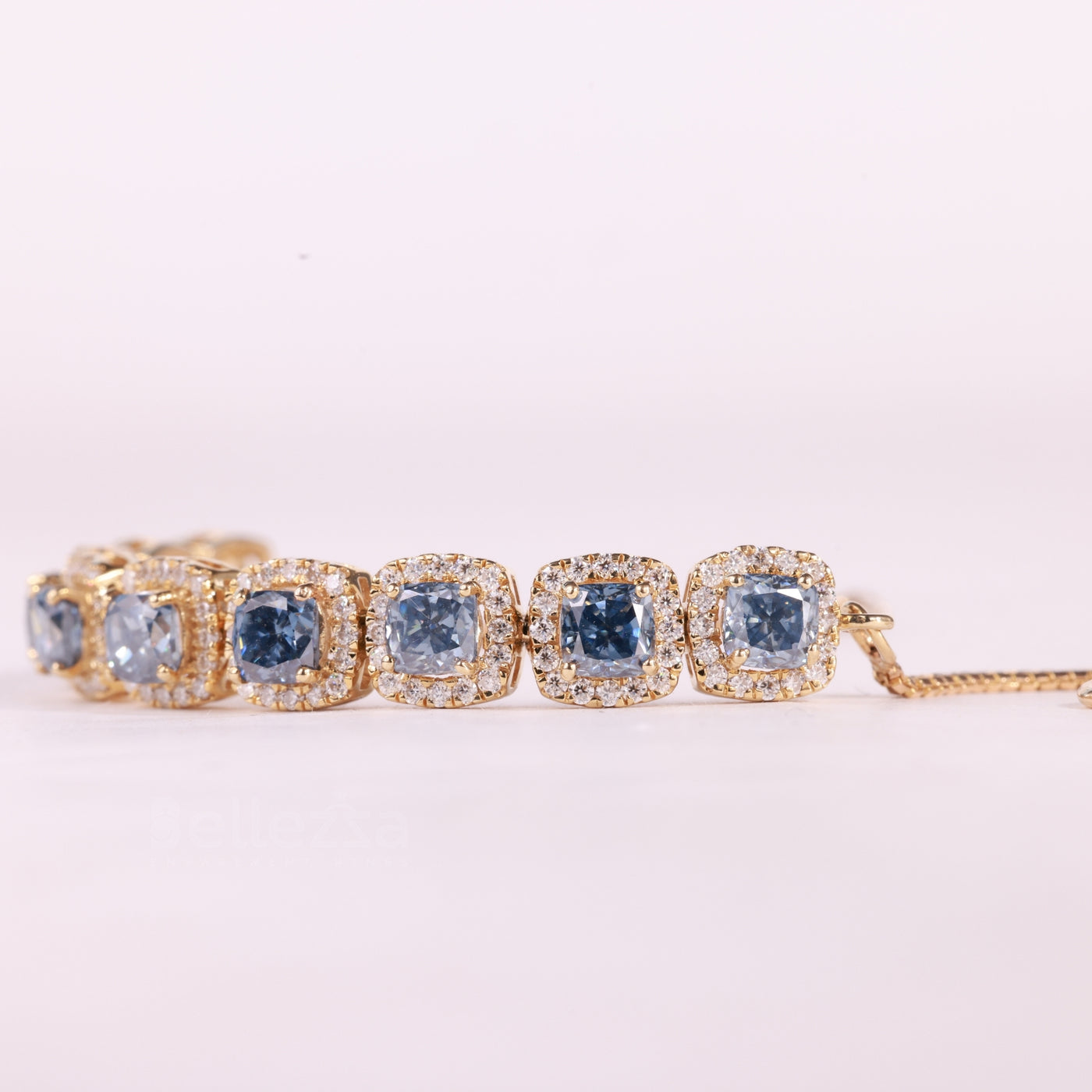 Cushion Cut Blue Sapphire Gemstone Halo Set Moissanite Bracelet