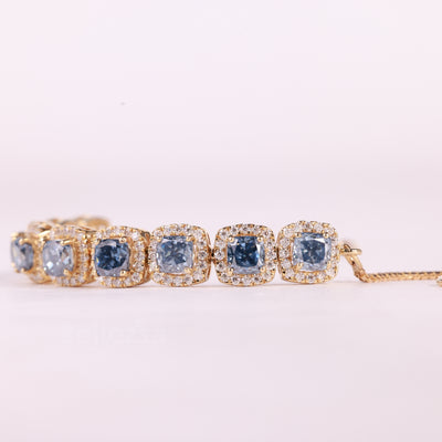 Cushion Cut Blue Sapphire Gemstone Halo Set Moissanite Bracelet
