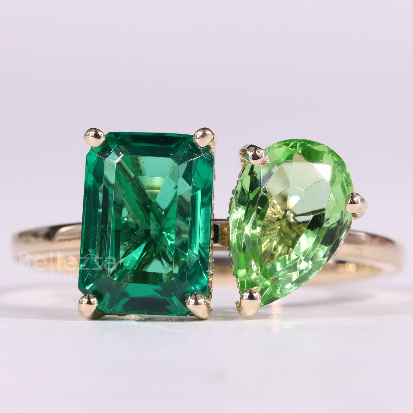 2.0CTW Emerald & Pear Cut Green Gemstone Toi Et Moi Engagement Ring
