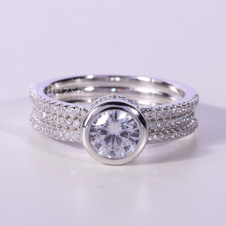 1.0CT Round Cut Three Row Pave Setting Moissanite Engagement Ring