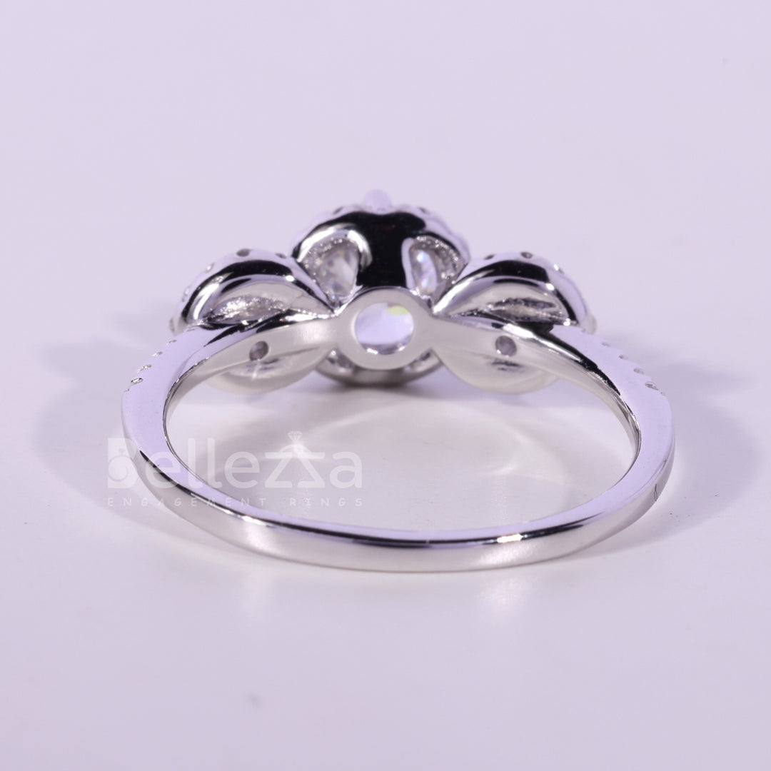 0.50CT Round Cut Three Stone Halo Setting Moissanite Engagement Ring
