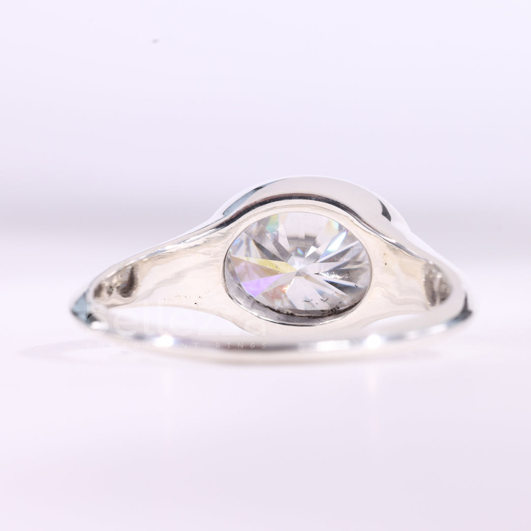 2.0CT East-West Oval Cut Bezel Set Solitaire Moissanite Engagement Ring