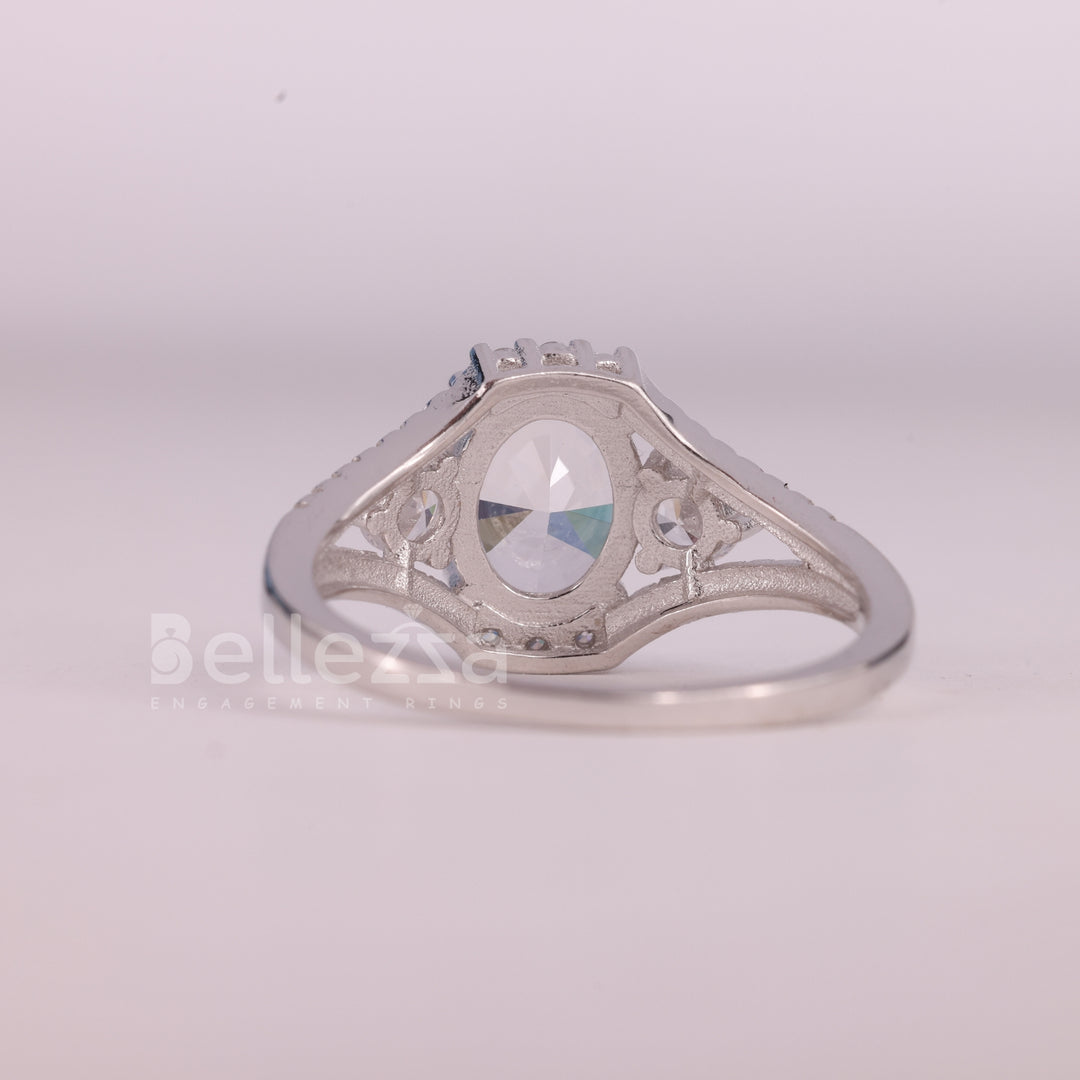 1.0CT Oval Cut Three Stone Split Shank Pave Set Engagement Ring