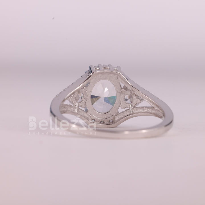 1.0CT Oval Cut Three Stone Split Shank Pave Set Engagement Ring