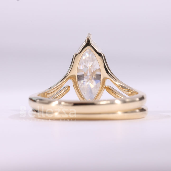 2.0CT Marquise Cut Unique Solitaire Curved Moissanite Bridal Ring Set