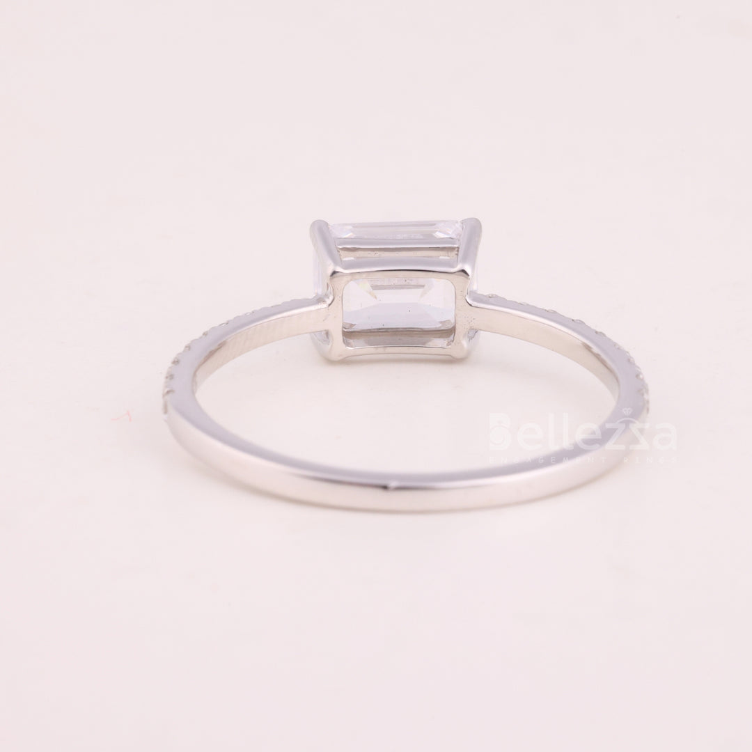 1.0CT East-West Emerald Cut Pave Setting Moissanite Engagement Ring
