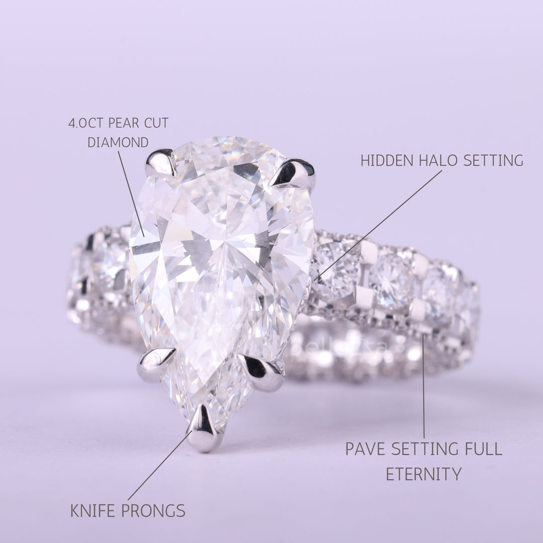 4.0CT Pear Cut Diamond Pave Setting Full Eternity Engagement Ring