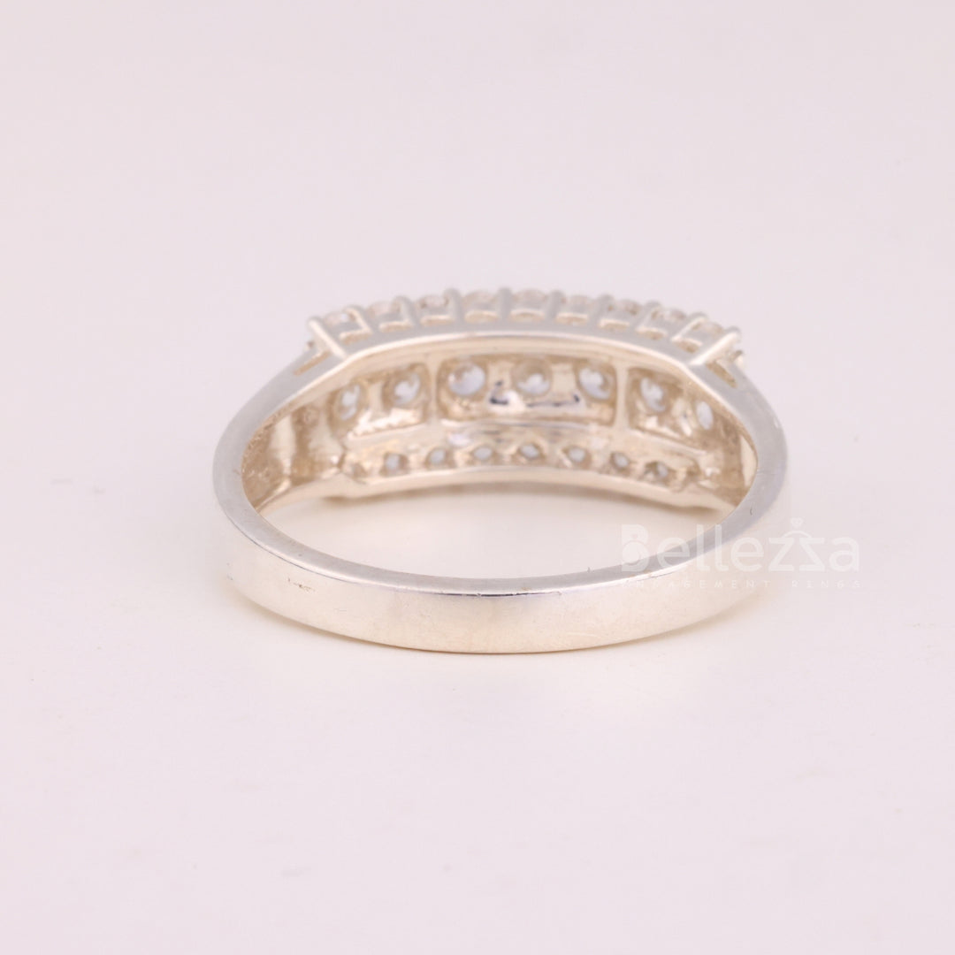 Round Cut Three Row Pave Setting Moissanite Engagement Ring