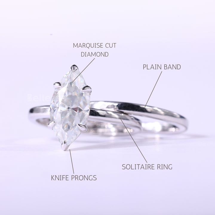 1.50CT Marquise Cut Solitaire Moissanite Plain Bridal Ring Set