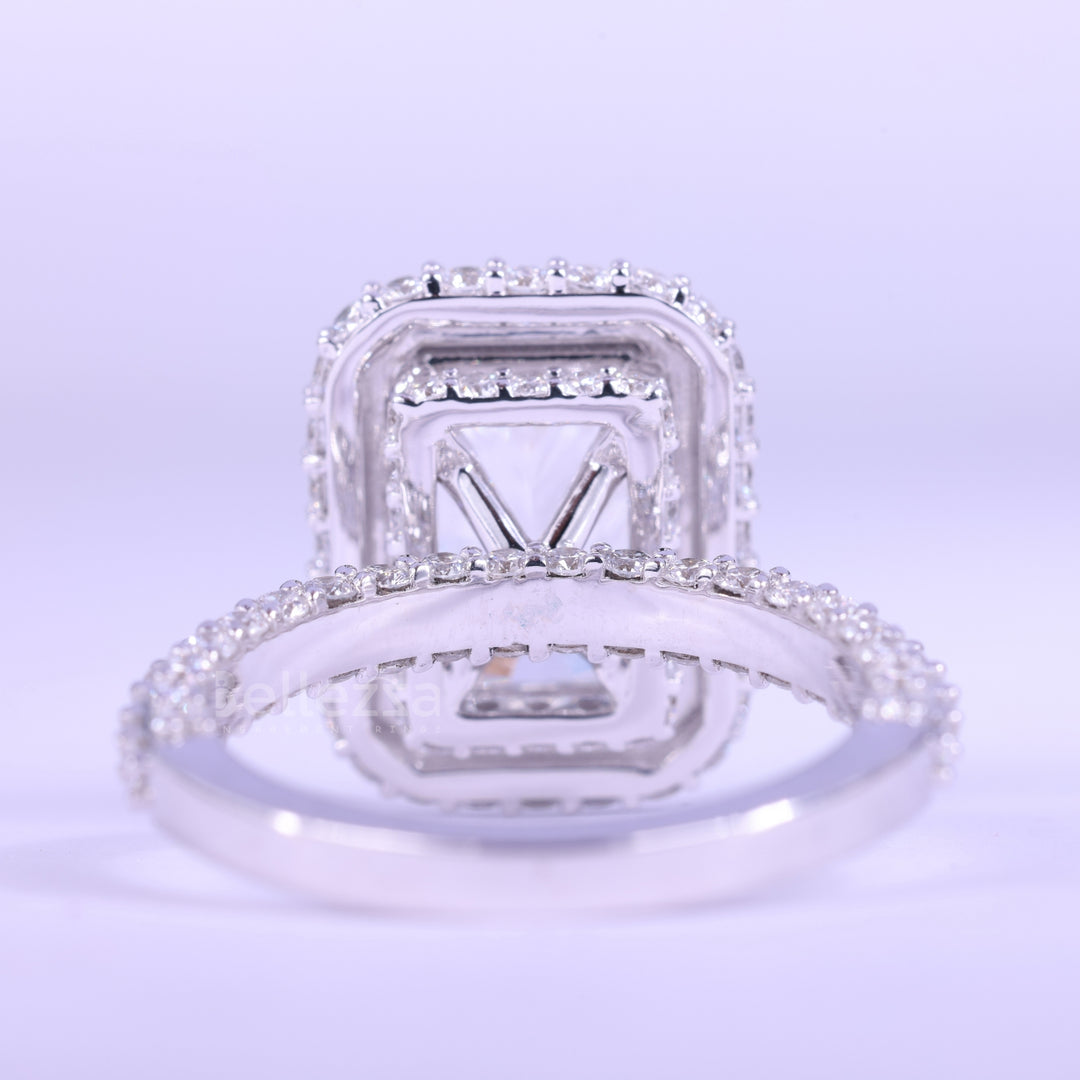 2.0CT Radiant Cut Three Side Pave & Halo Set Moissanite Engagement Ring