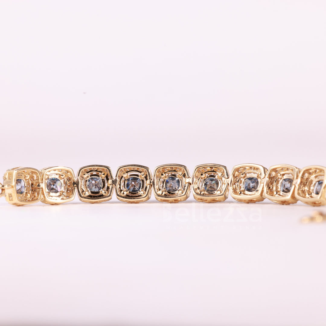 Cushion Cut Blue Sapphire Gemstone Halo Set Moissanite Bracelet