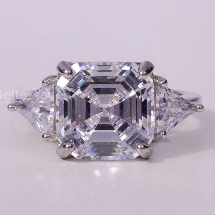 1.50CT Asscher Cut Three Stone Moissanite Engagement Ring