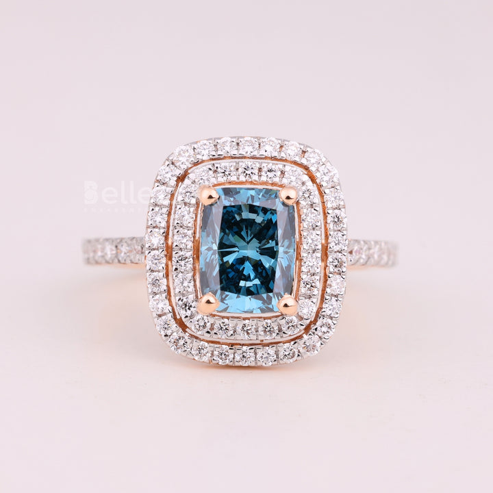 1.50CT Aquamarine Blue Elongated Cushion Cut Double Halo Engagement Ring