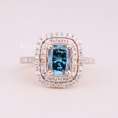 1.50CT Aquamarine Blue Elongated Cushion Cut Double Halo Engagement Ring