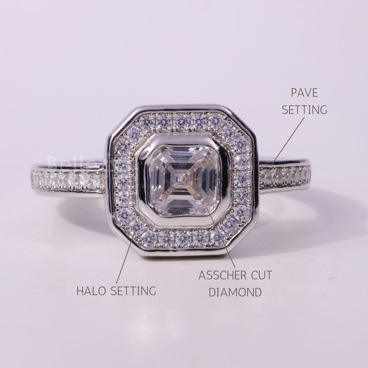 1.0CT Asscher Cut Diamond Halo Pave Setting Moissanite Engagement Ring