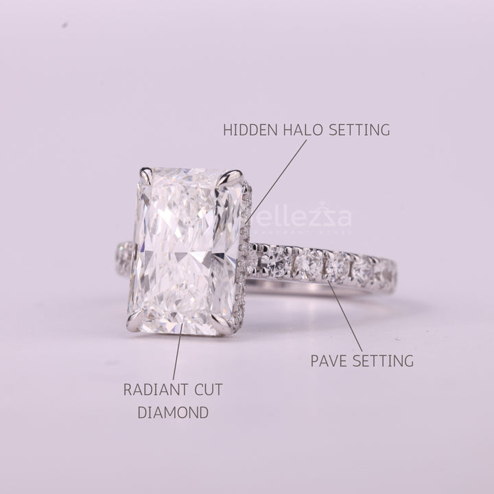 2.0CT Radiant Cut Hidden Halo Pave Setting Moissanite Engagement Ring