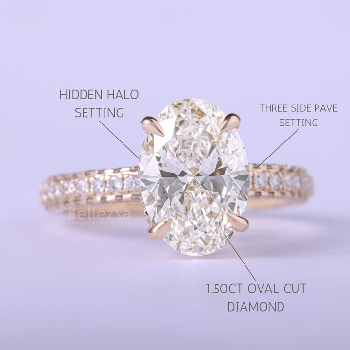 1.50CT Oval Cut Three Side Pave Setting Moissanite Engagement Ring