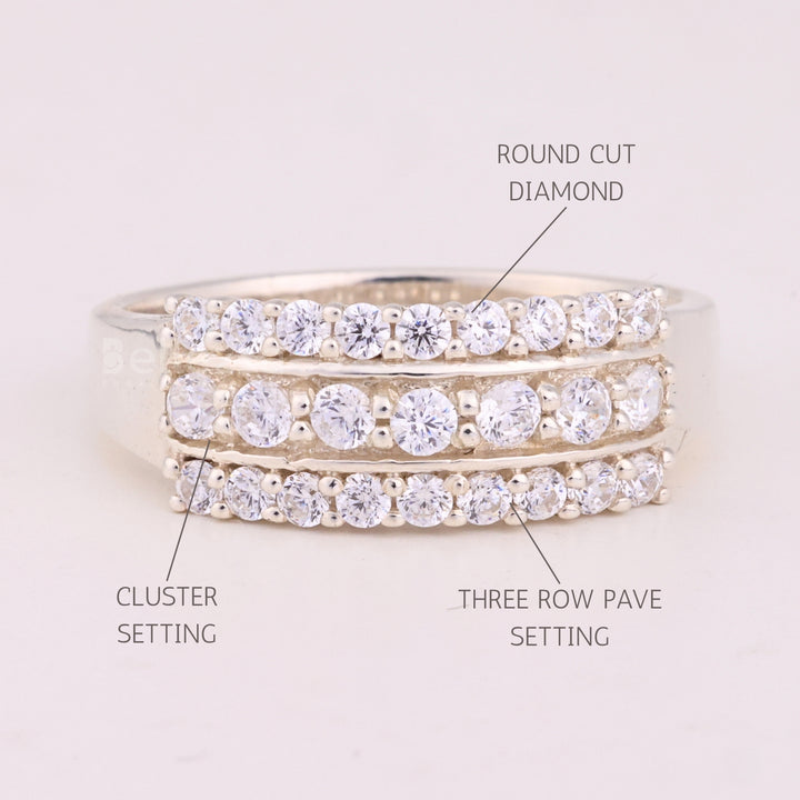 Round Cut Three Row Pave Setting Moissanite Engagement Ring
