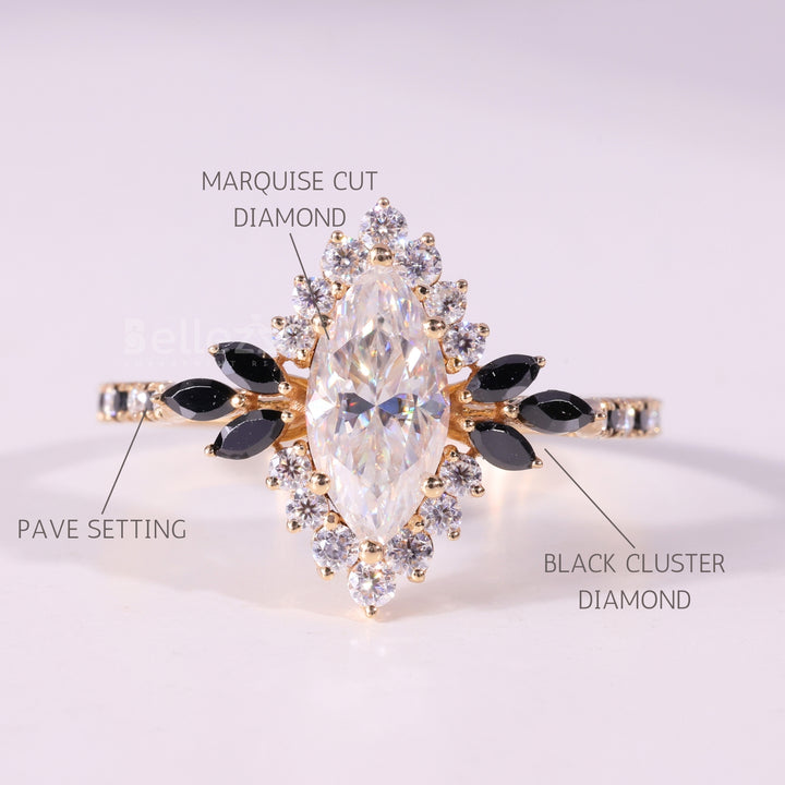 1.0CT Marquise Cut Unique Black Cluster Diamond Engagement Ring