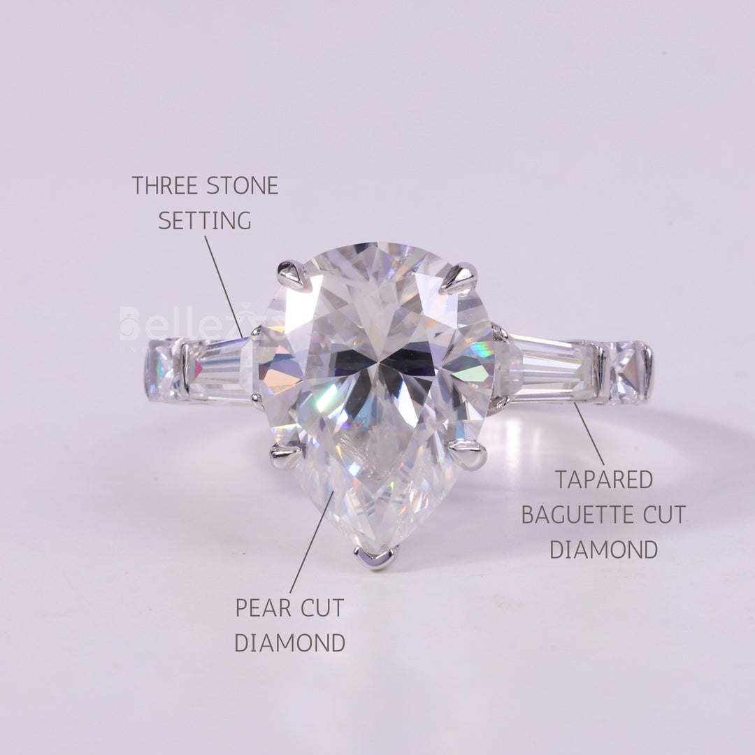 1.0CT Pear Cut Three Stone Moissanite Engagement Ring