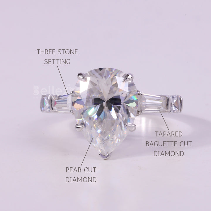 1.0CT Pear Cut Three Stone Moissanite Engagement Ring
