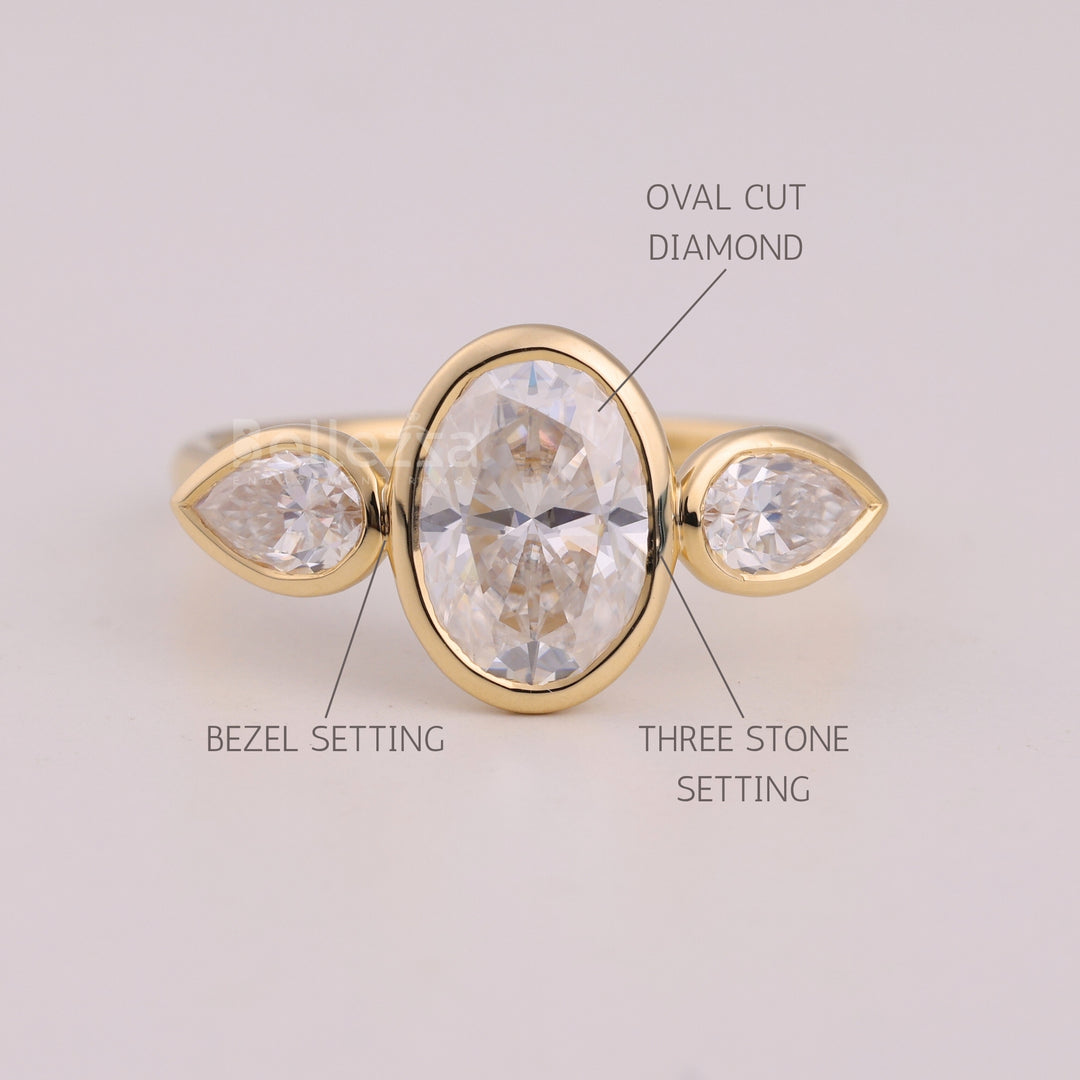 1.50CT Oval Cut Bezel Setting Three Stone Engagement Ring